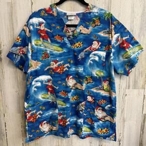 Peaches Uniforms Women's Medical Scrub Top Santa Surfing Print Size Large